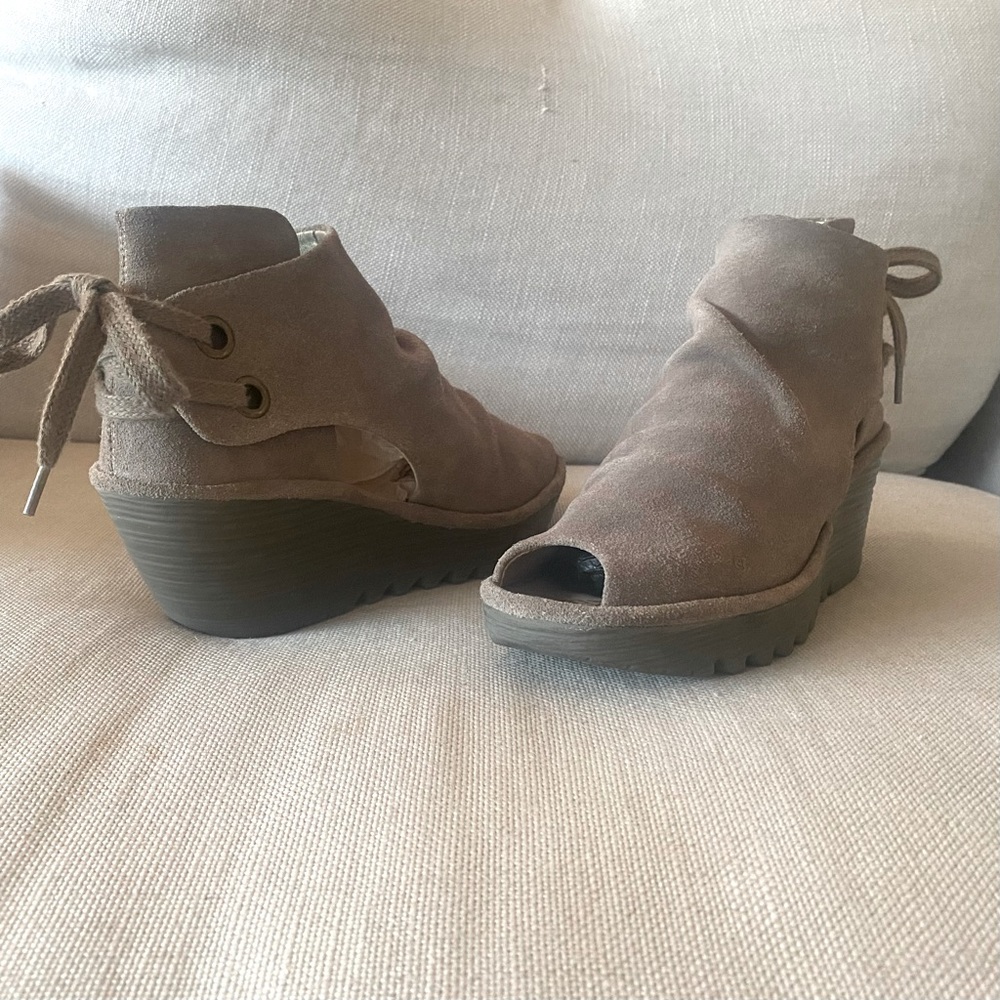Fly London Suede Peep-Toed Booties with Wedge Heel and Tie Backs